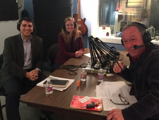 Evan Gold (left) in the podcast studio with co-hosts Sarah Rand (middle) and Bill Thorne (right)